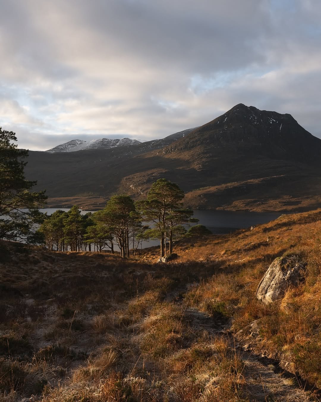 Mountain landscape in the Scottish Highlands with pine trees, lake, and dramatic peak at sunrise.